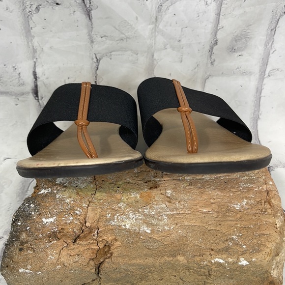 Andre Assous Nice Featherweights Sandal Brown Leather Black Stretch Stacked Heel - Picture 2 of 11